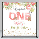 Lofaris Pink Floral Bear Custom Name 1st Birthday Backdrop